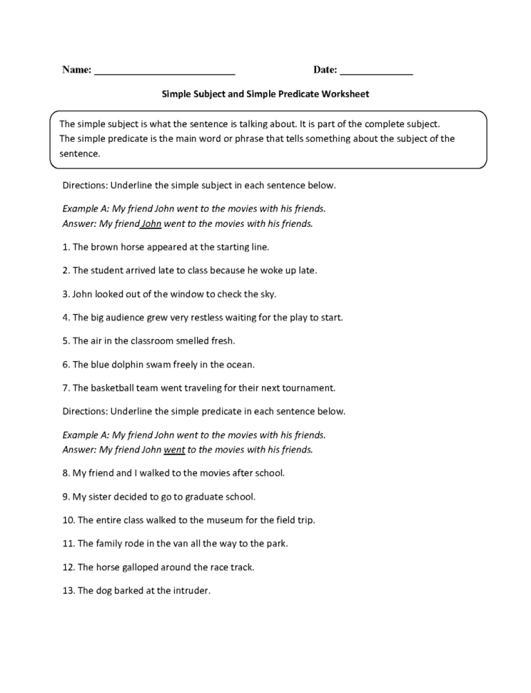 Subject Predicate Worksheet 6th Grade