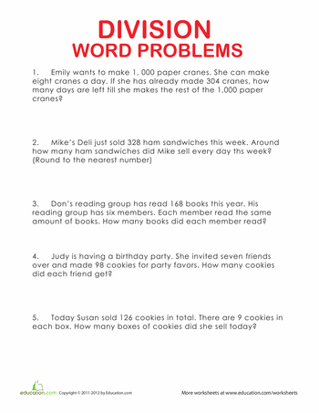 Printable Division Word Problems Grade 3