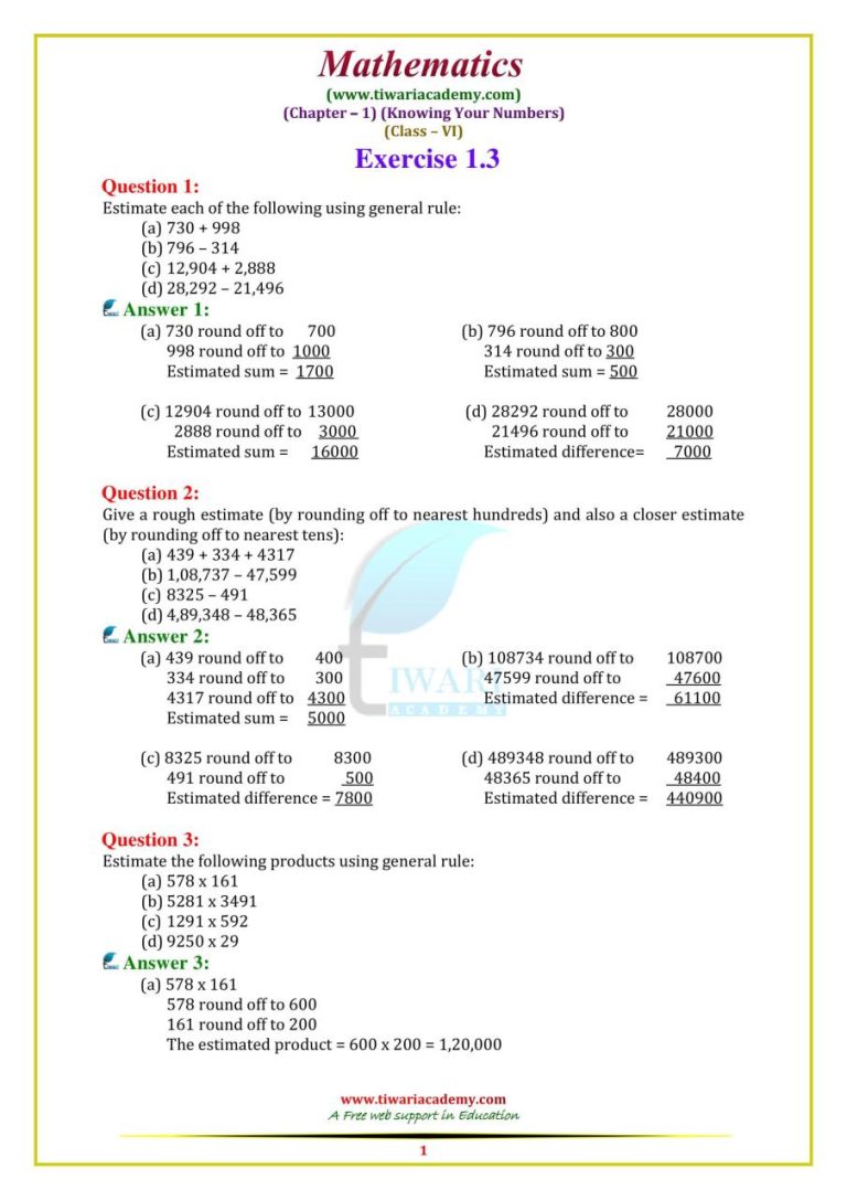 Maths Worksheets For Class 6 Pdf