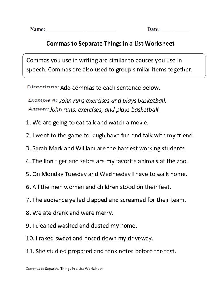 Comma Worksheets For 4th Grade