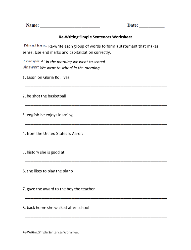 Simple Sentence Worksheet Grade 5