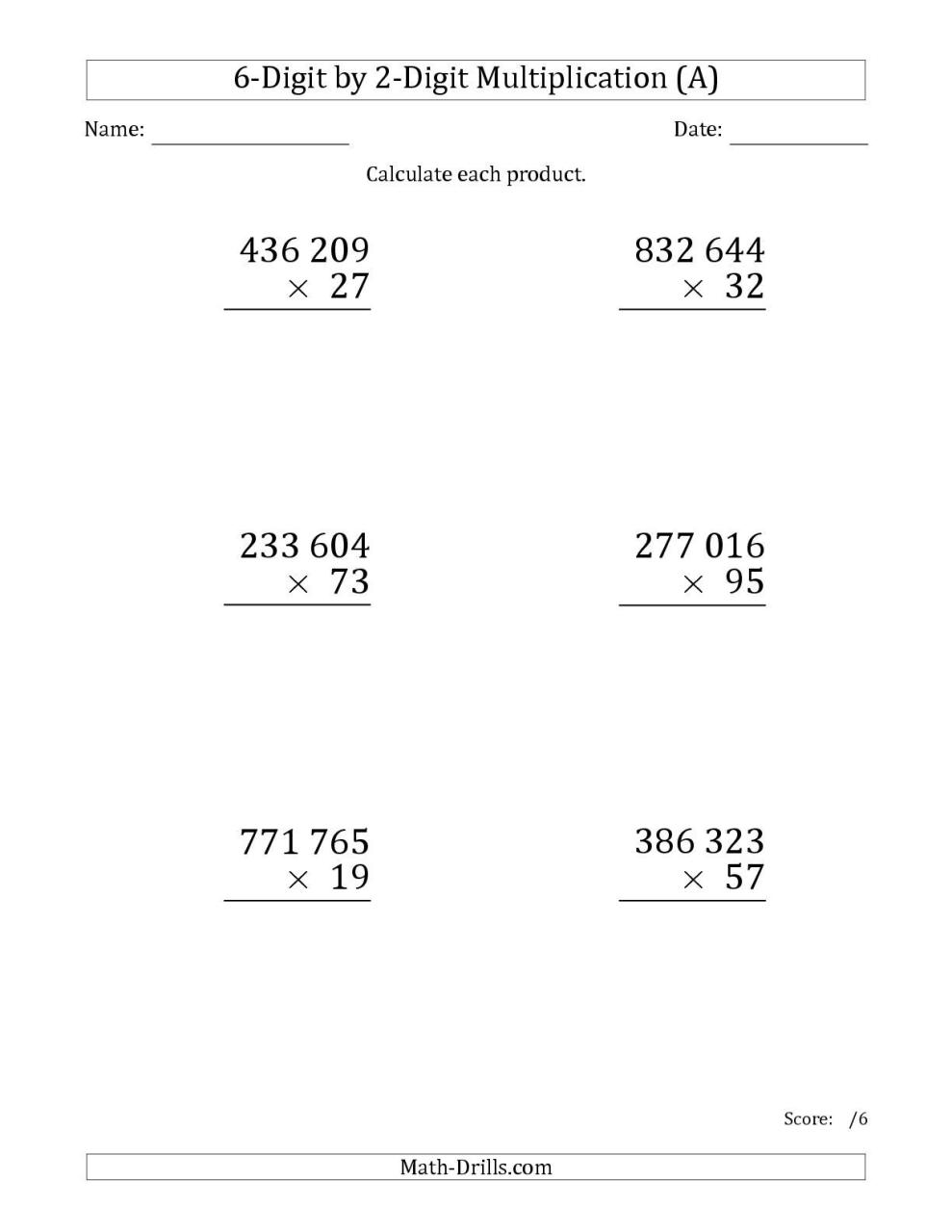 5th Grade 6th Grade Division Questions