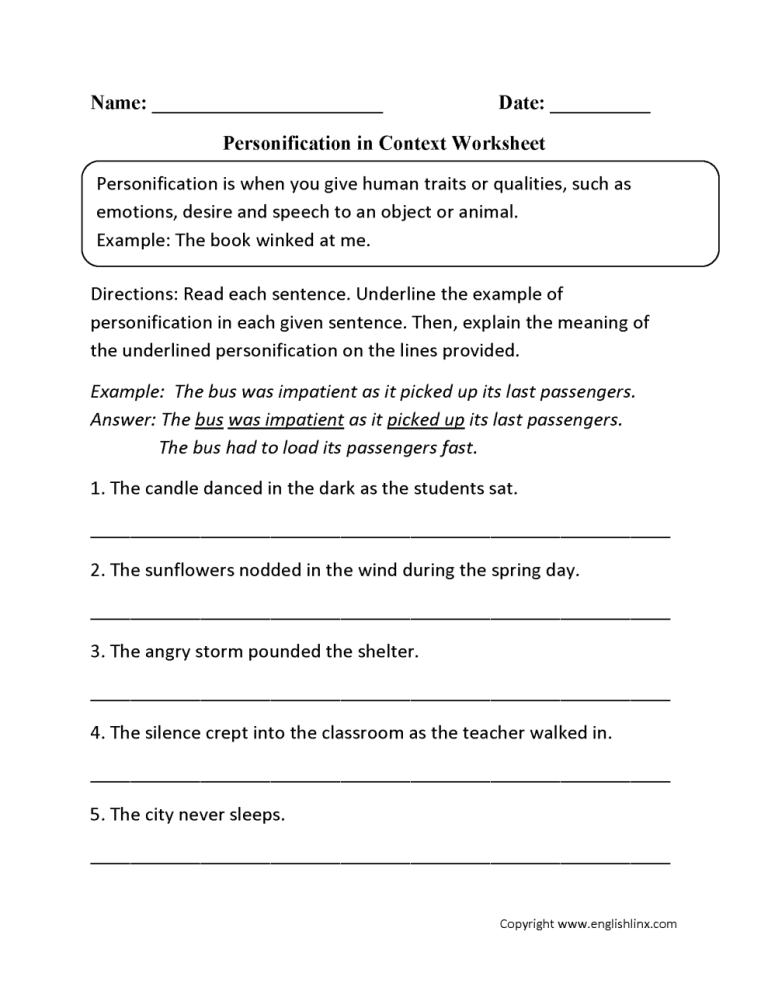 Figurative Language Worksheets 8th Grade Pdf