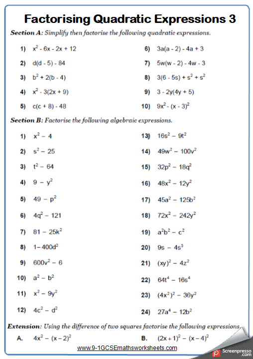 Quadratic Equation Worksheet Class 10