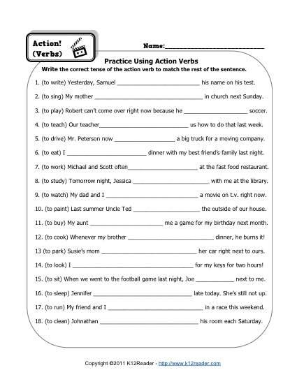 Action Verbs Worksheet Grade 7