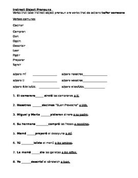 Indirect Object Pronouns Spanish Worksheet