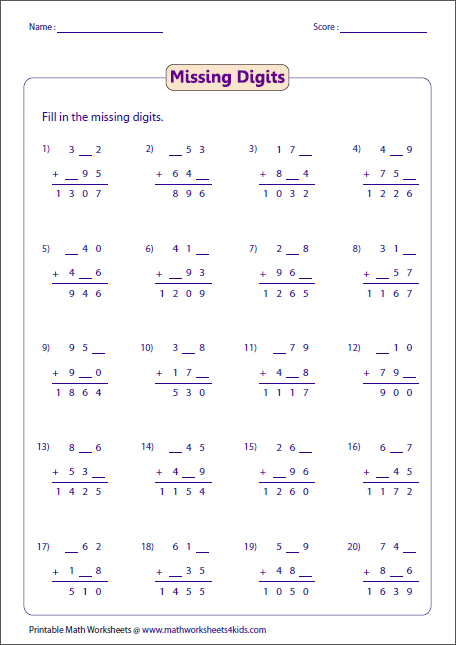 Missing Digit Addition And Subtraction Worksheets Pdf