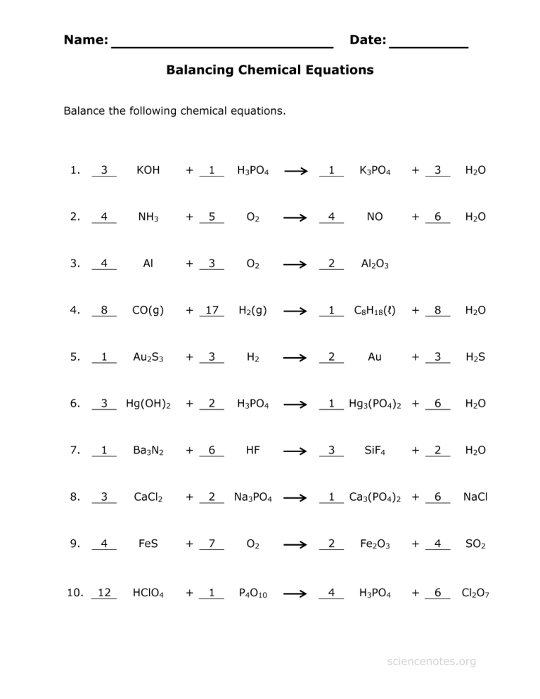 Balancing Equations Questions With Answers