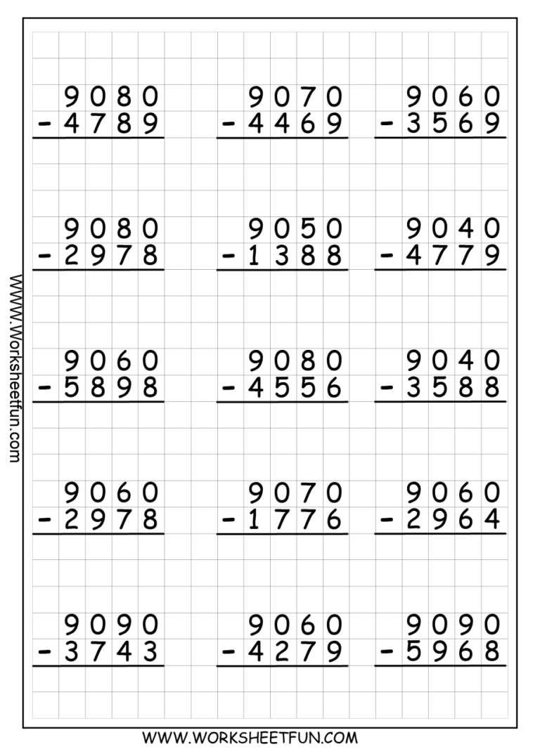 Subtraction Worksheets For Grade 3 With Borrowing