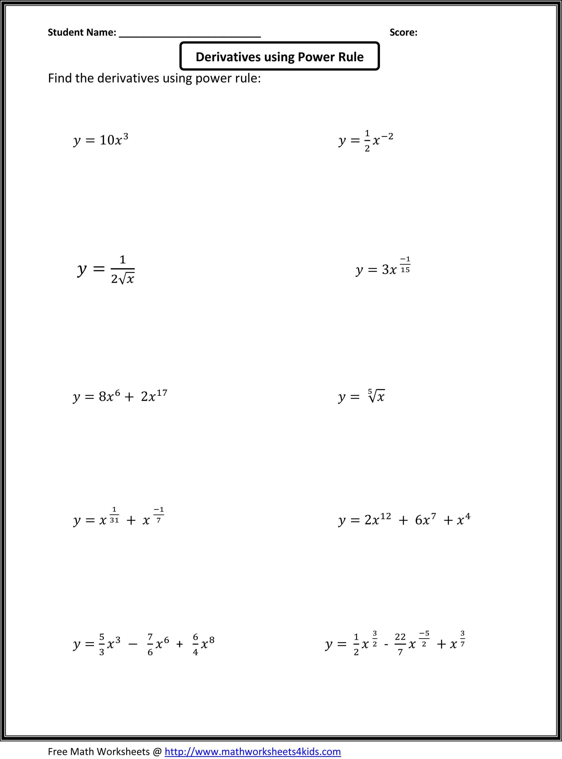 Printable Calculus Worksheets