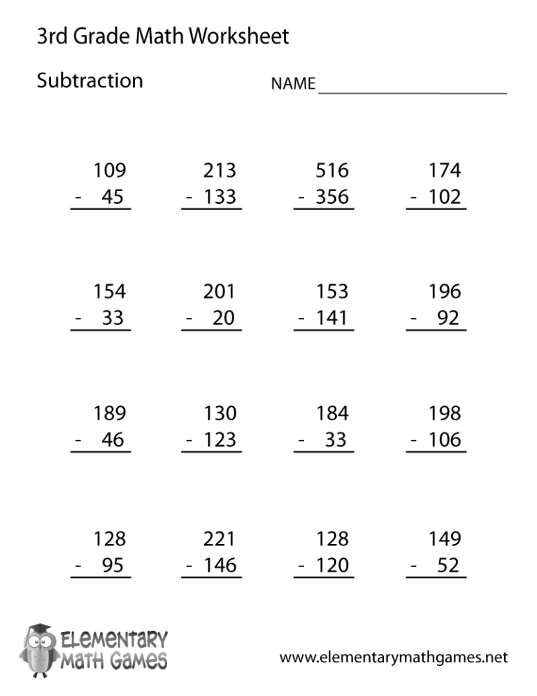 Subtraction Free Math Worksheets For 3rd Grade