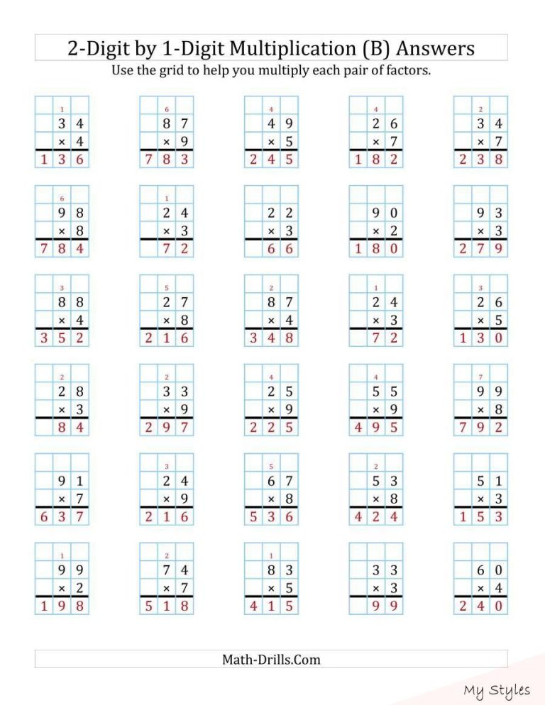 2 Digit By 2 Digit Multiplication Worksheets With Grids