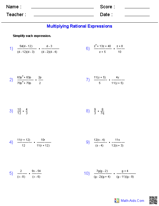 Rational Expressions Worksheet Answers