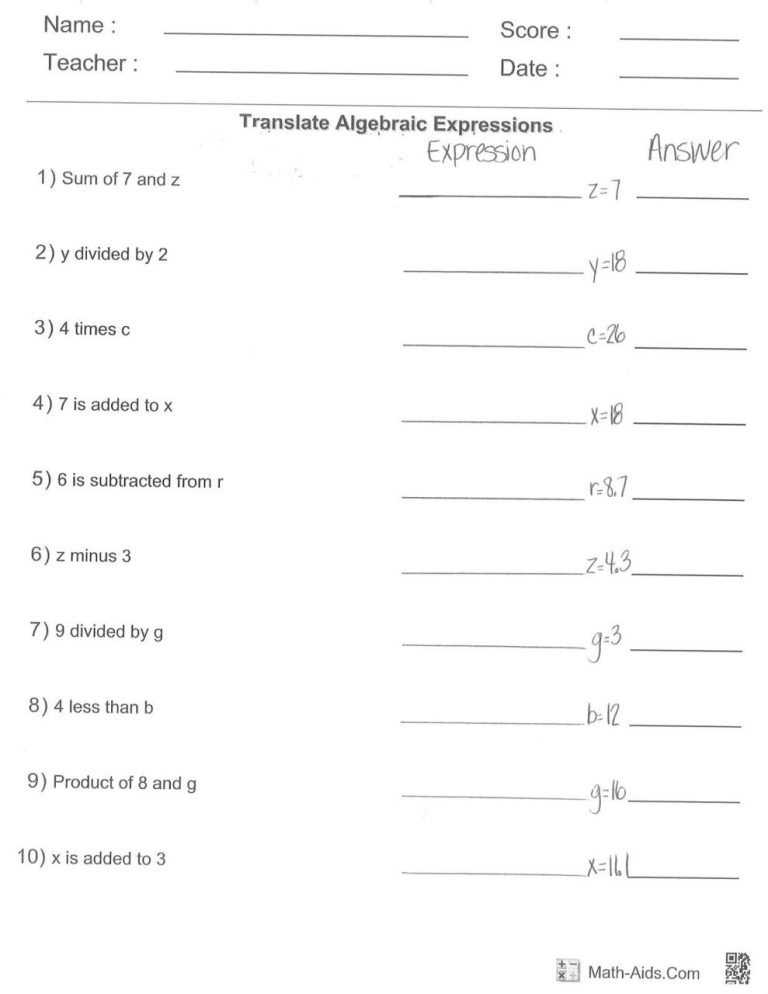 Writing Algebraic Expressions Worksheet Answer Key