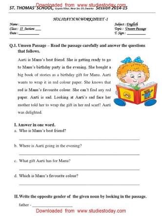 Comprehension Passage For Class 2 With Answers