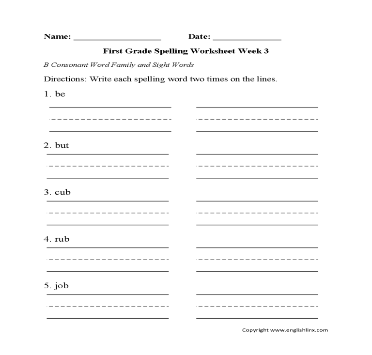 First Grade Spelling Words Worksheets Free