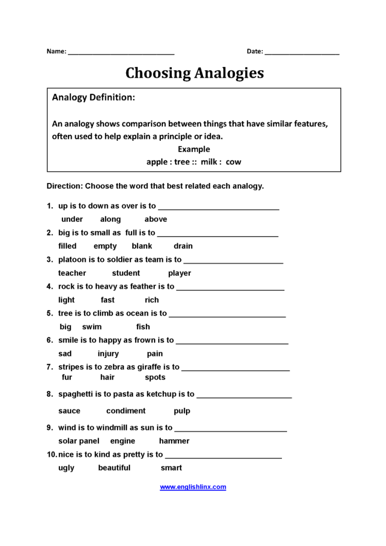 Analogies Worksheet 5th Grade