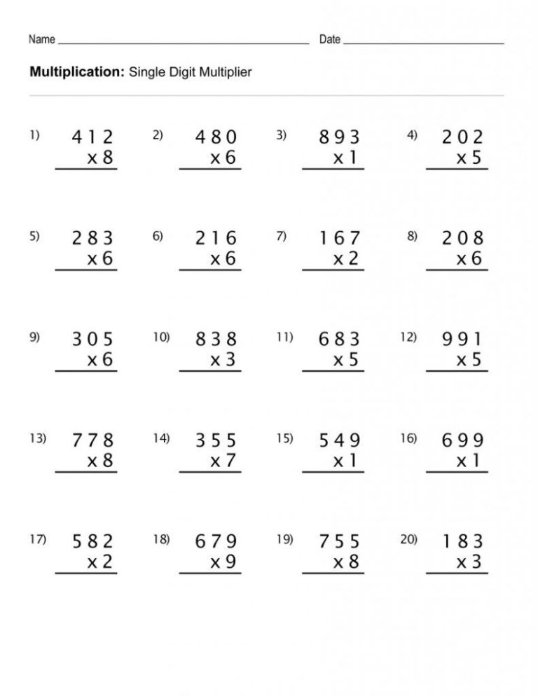 Free Multiplication Worksheets For 4th Grade