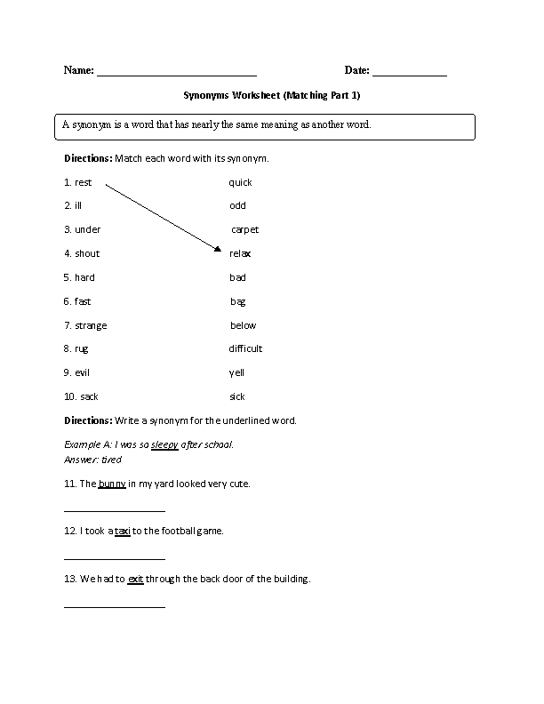 Synonyms Worksheet With Answers