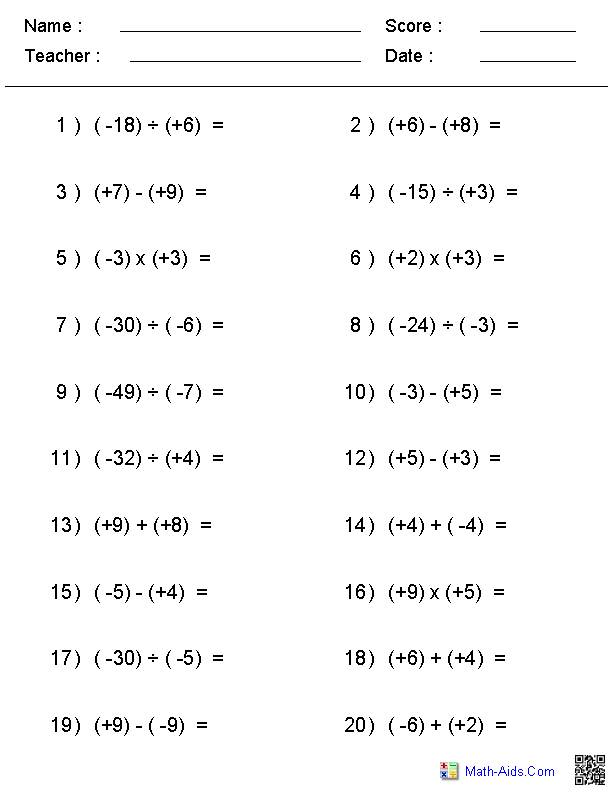 Integers Worksheets With Answers For Grade 6