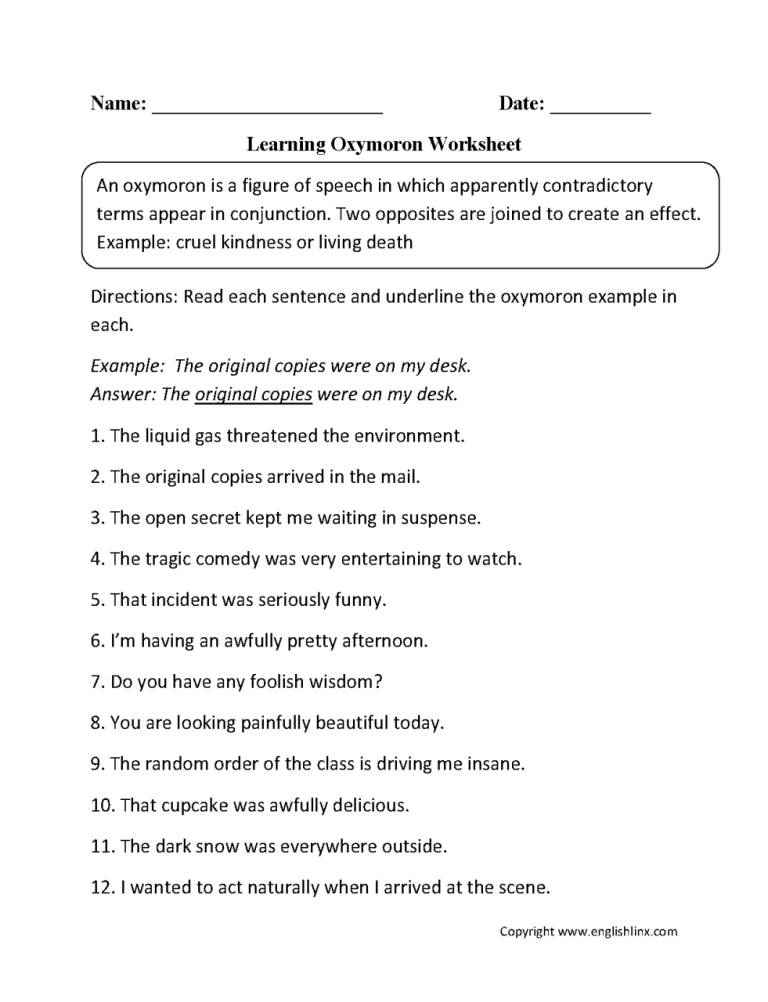 Fifth Grade 5th Grade Figurative Language Worksheets