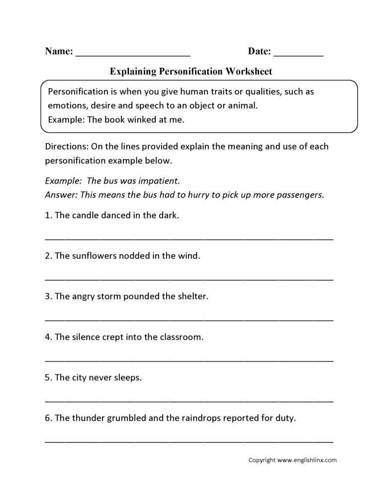 Personification Worksheet Answers