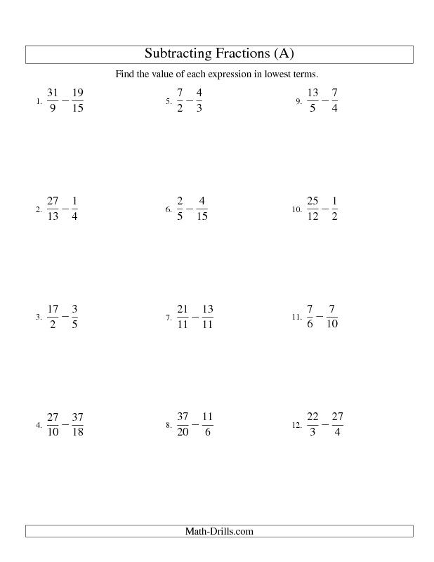 Subtracting Fractions Worksheets With Like Denominators