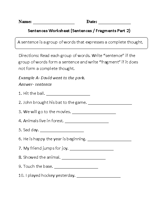 Sentence Fragment Worksheets