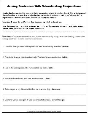 Subordinating Conjunctions Worksheet For Grade 4