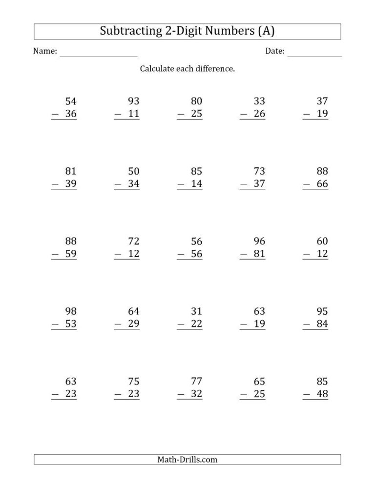 Printable Math Worksheets Grade 2 Subtraction