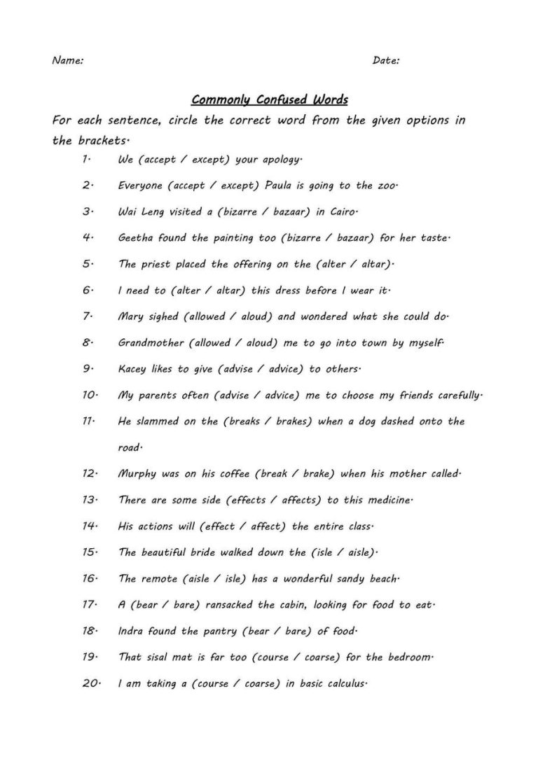 Commonly Confused Words Worksheet