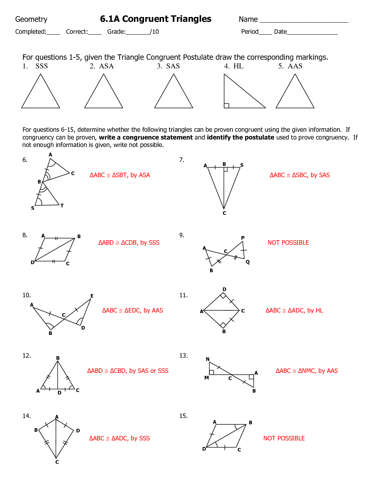 Triangle Congruence Practice Worksheet Answer Key