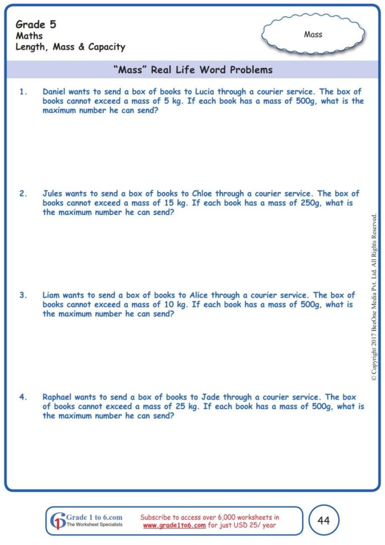 5th Grade Math Word Problems Worksheets Pdf Free