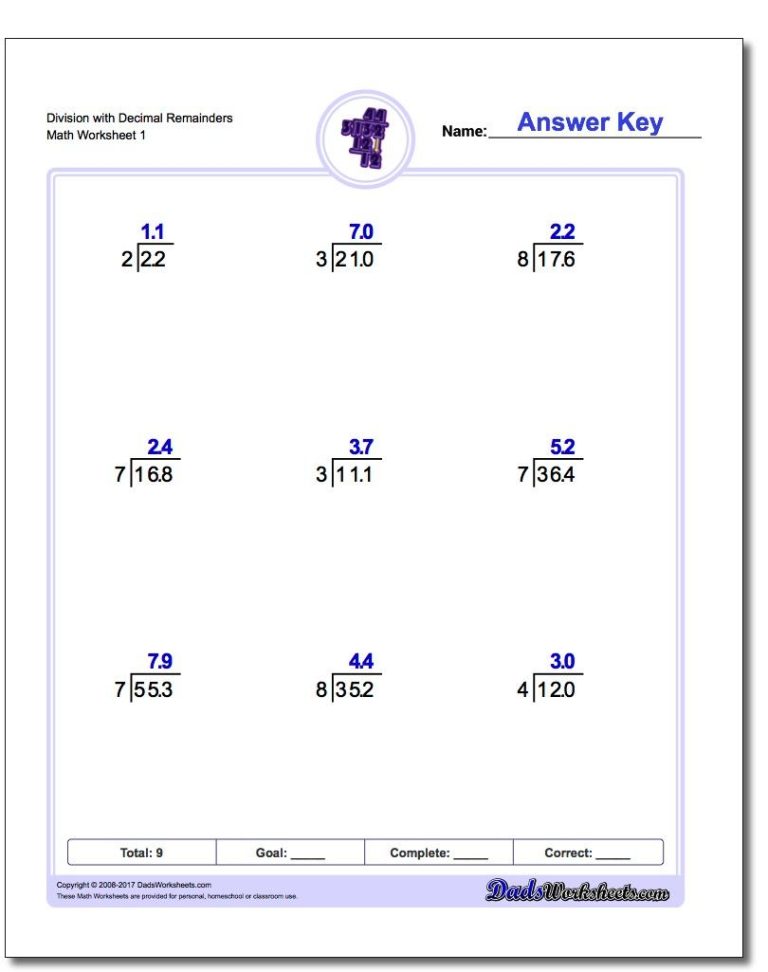 Long Division Worksheets With Decimals