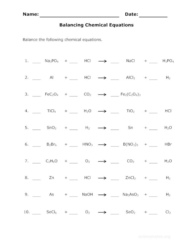 Chemistry Balancing Chemical Equations Worksheet