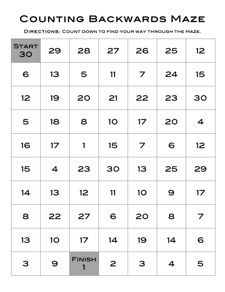 Kindergarten Backward Counting 50 1 Worksheets