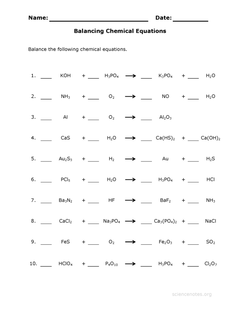 Balancing 5 Types Of Chemical Reactions Worksheet