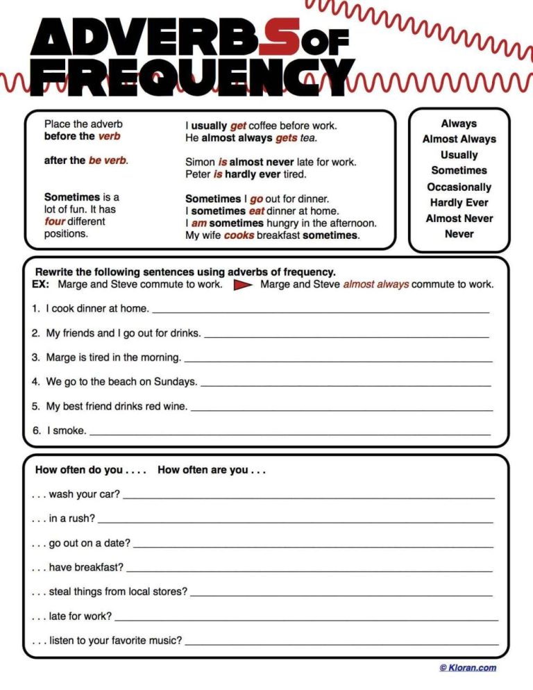 Adverbs Of Frequency Worksheet With Answers