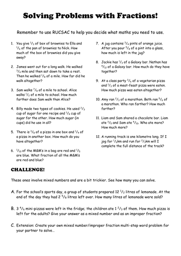 Fractions Worksheets Grade 6 Word Problems With Answers