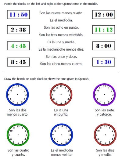 Telling Time In Spanish Worksheets Pdf