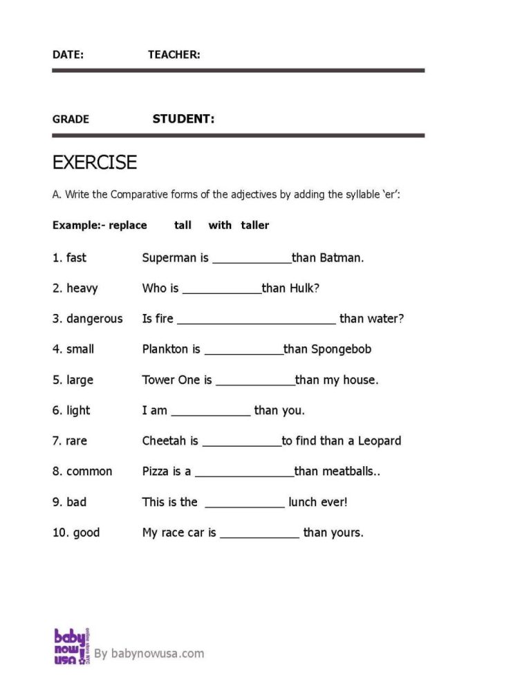 Degrees Of Adjectives Worksheets For Grade 5