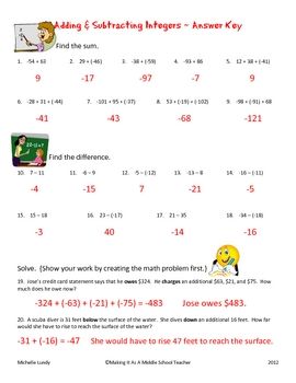 Subtracting Integers Worksheet With Answers