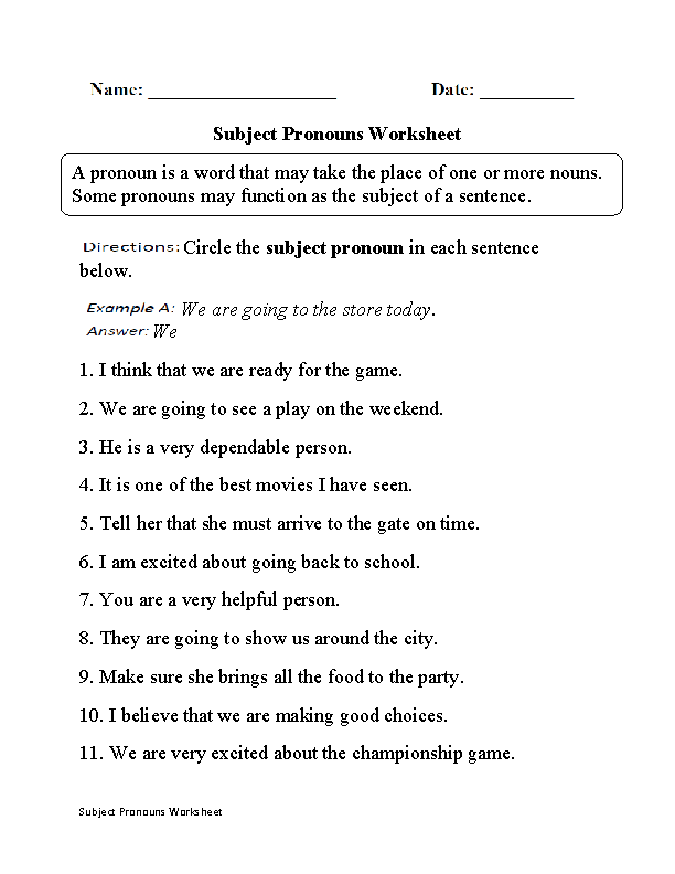 Subject Pronouns Worksheet Grade 6