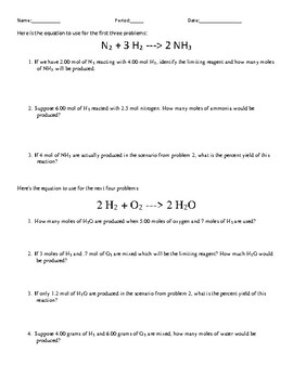 Limiting Reactant And Percent Yield Worksheet Pdf