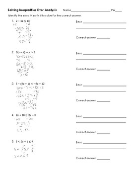 Solving Inequalities Error Analysis Worksheet Pdf