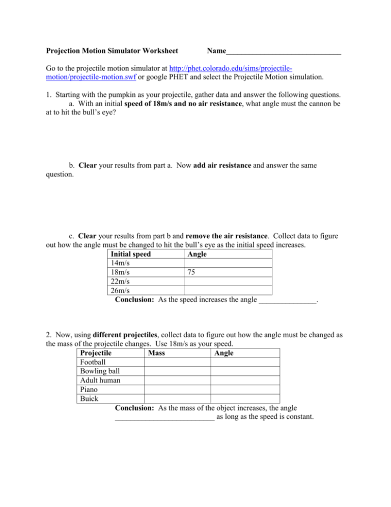 Phet Simulation Projectile Motion Worksheet