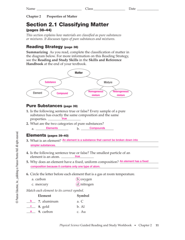 2.1 Classifying Matter Worksheet Answers