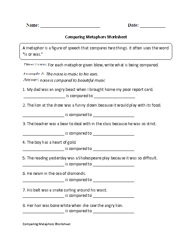 Grade 6 Similes Worksheet With Answers