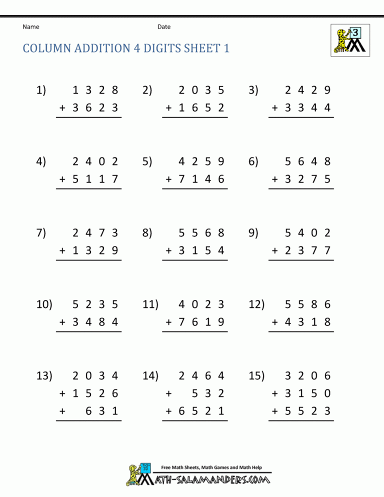 4 Digit Maths Worksheet For Class 3 Addition