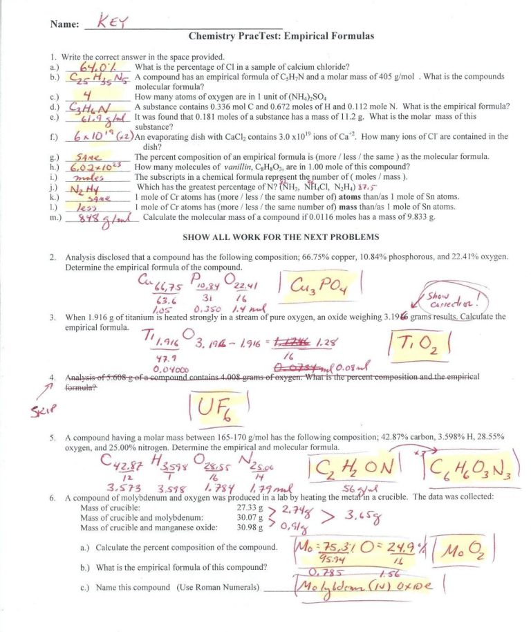 Molar Mass Worksheet Answer Key